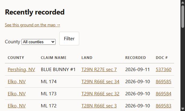 The recent-filings table, newest county location filings first, land description and claim name shown; the claimant column is not part of this view.