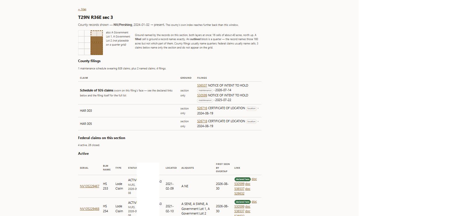 A section page showing both the county and federal layers for one PLSS section, a declared-match badge on each linked record; the federal claimant column is not part of this view.
